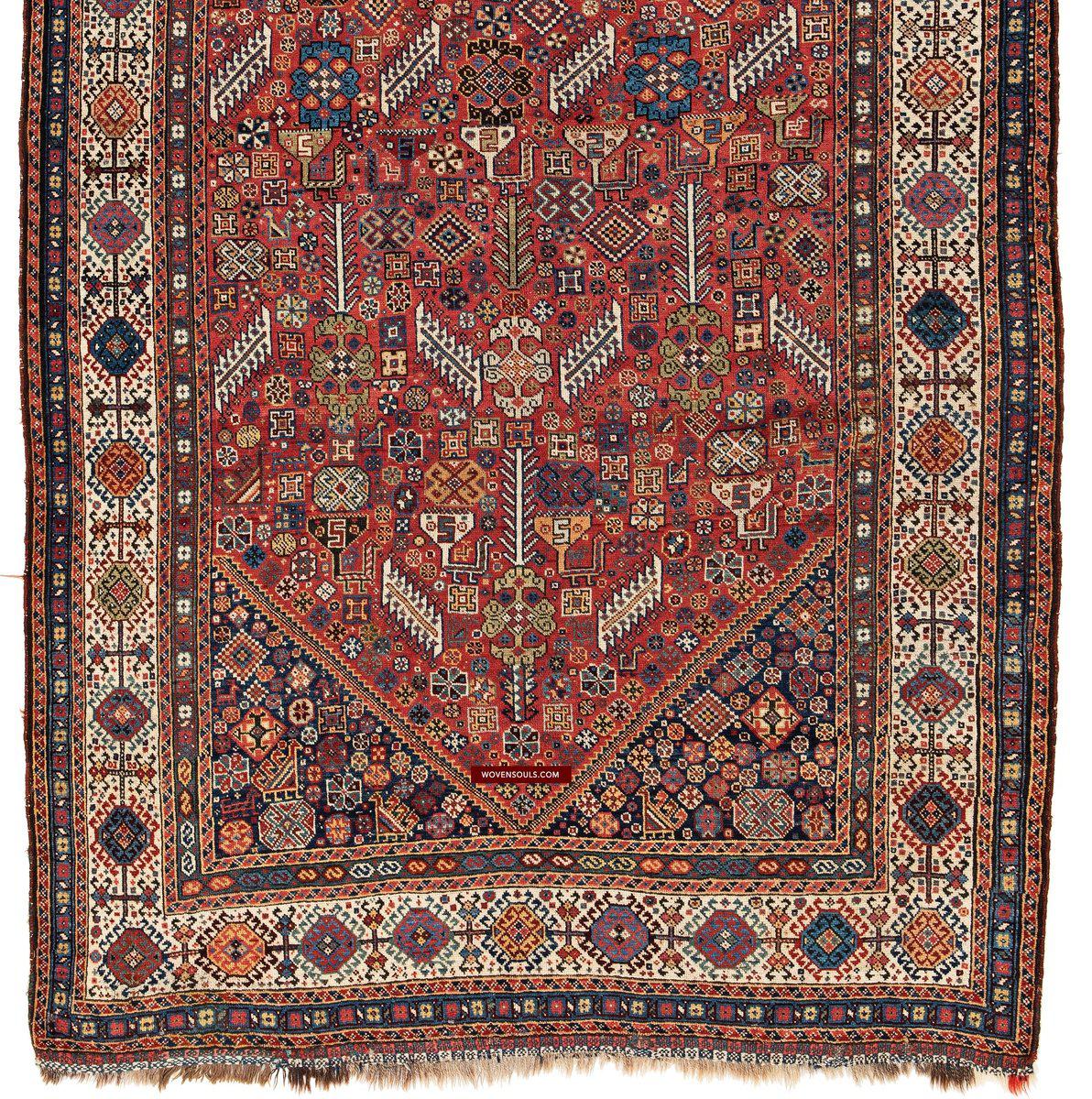 1388 Antique Red Field Shekarlou Shekarlu Qashqai Rug with Animals / Peacocks - NFS-WOVENSOULS-Antique-Vintage-Textiles-Art-Decor