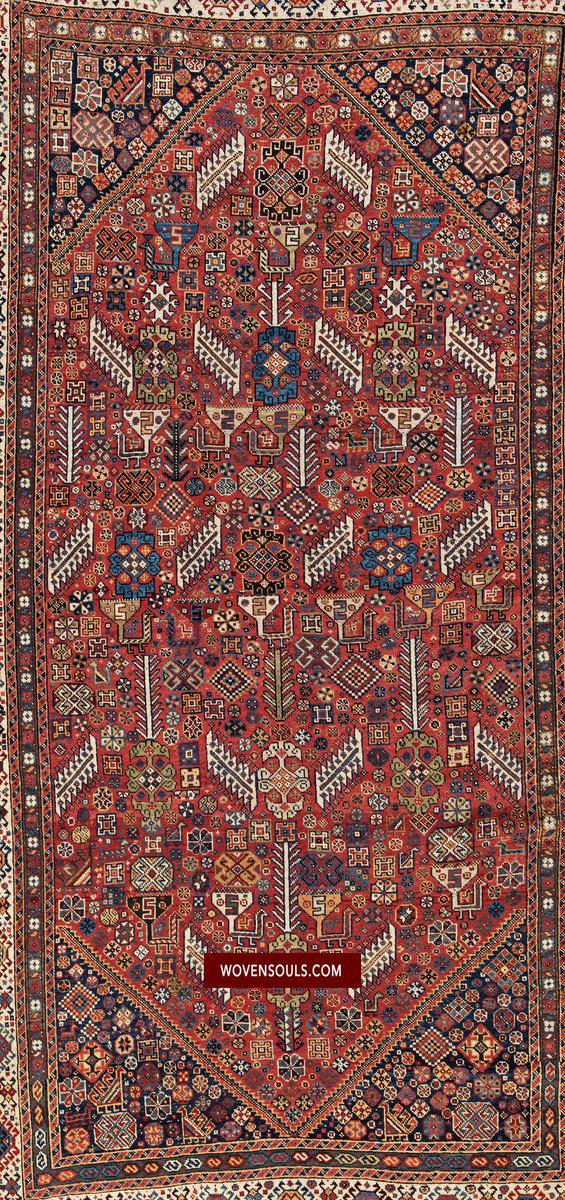 1388 Antique Red Field Shekarlou Shekarlu Qashqai Rug with Animals / Peacocks - NFS-WOVENSOULS-Antique-Vintage-Textiles-Art-Decor