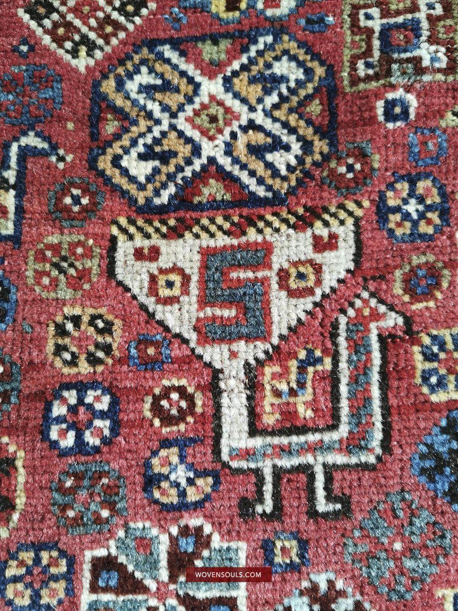 1388 Antique Red Field Shekarlou Shekarlu Qashqai Rug with Animals / Peacocks - NFS-WOVENSOULS-Antique-Vintage-Textiles-Art-Decor