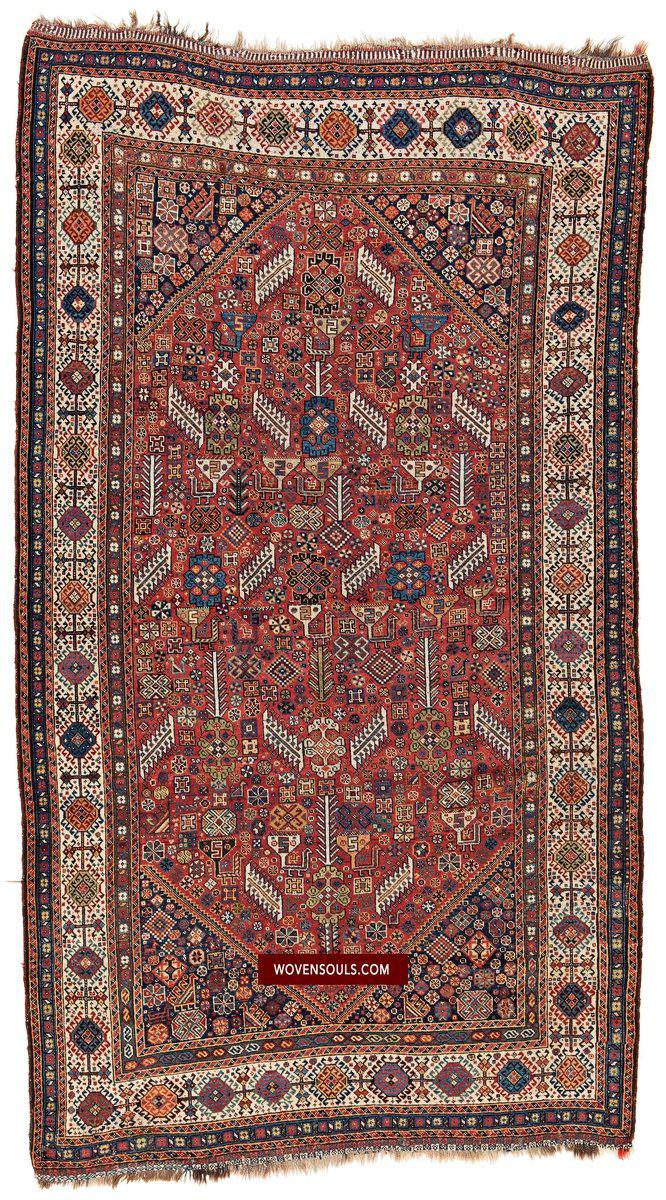 1388 Antique Red Field Shekarlou Shekarlu Qashqai Rug with Animals / Peacocks - NFS-WOVENSOULS-Antique-Vintage-Textiles-Art-Decor