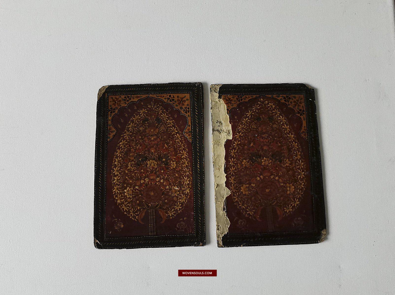 1404 Pair of Old Indo-Persian Mughal Lacquered Manuscript Book Cover Bindings-WOVENSOULS-Antique-Vintage-Textiles-Art-Decor