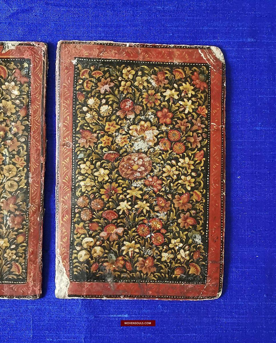 1404 Pair of Old Indo-Persian Mughal Lacquered Manuscript Book Cover Bindings-WOVENSOULS-Antique-Vintage-Textiles-Art-Decor