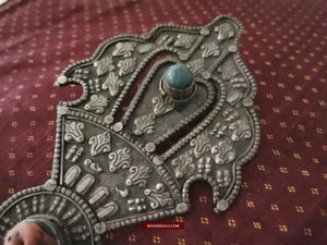 1405 Pair of Rare Antique Tibetan Buckle Ornaments - Silver Coral Turquoise-WOVENSOULS-Antique-Vintage-Textiles-Art-Decor