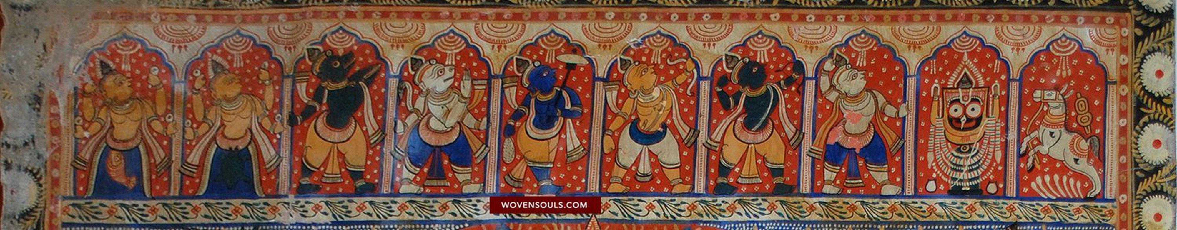 1408 Large Puri Patta Jagannath Juggernaut Painting w Blue - Indian Art-WOVENSOULS-Antique-Vintage-Textiles-Art-Decor