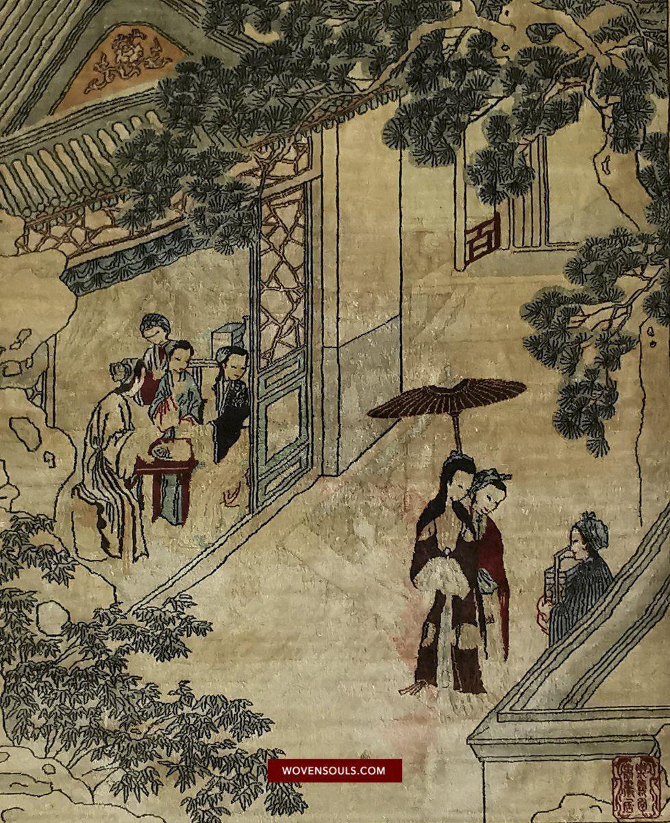 1423 Old Chinese Pictorial Silk Rug Tea House Scene-WOVENSOULS-Antique-Vintage-Textiles-Art-Decor