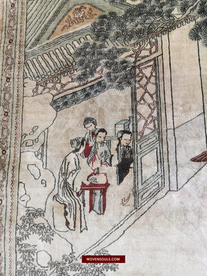 1423 Old Chinese Pictorial Silk Rug Tea House Scene-WOVENSOULS-Antique-Vintage-Textiles-Art-Decor