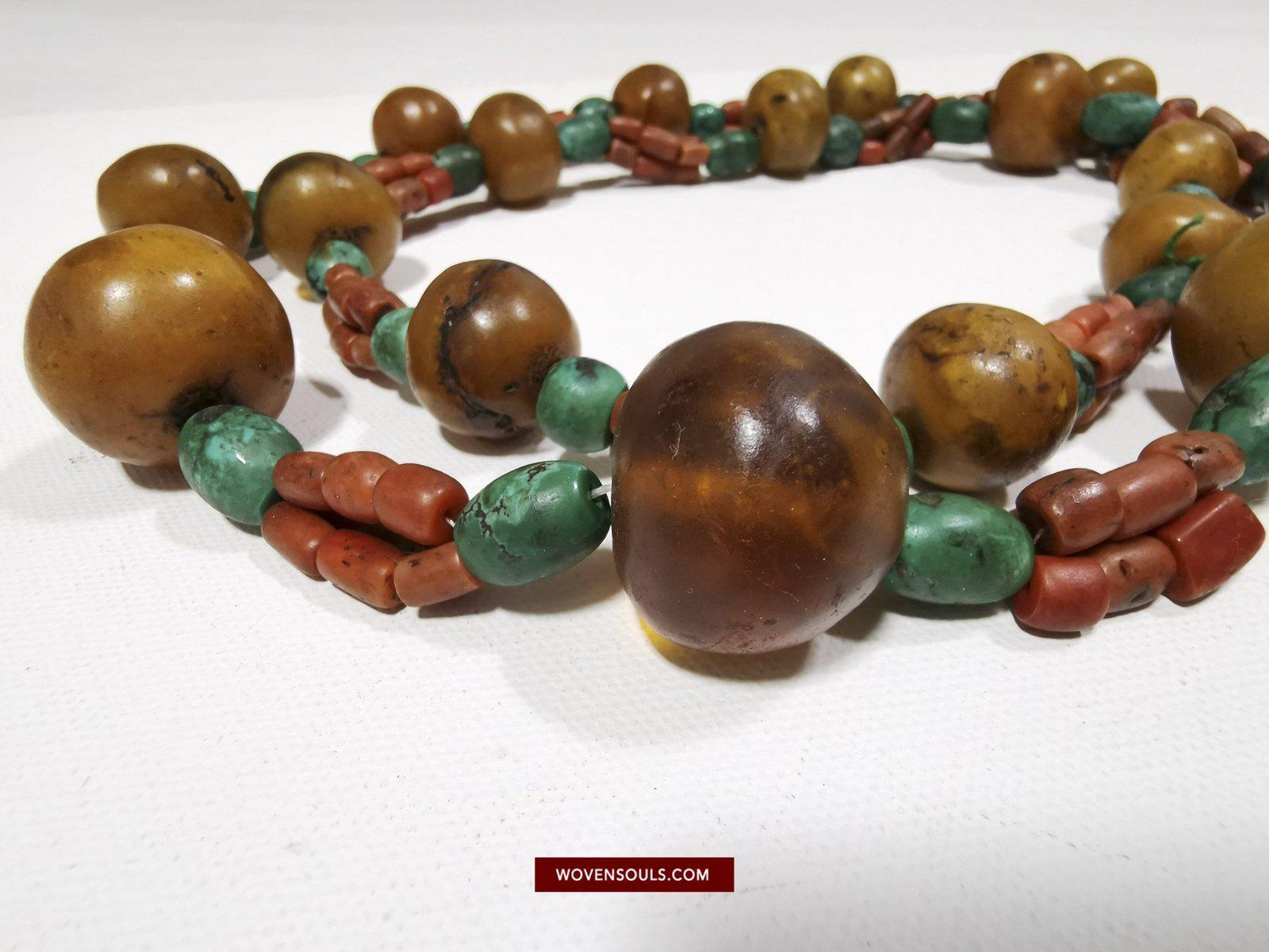 1458 Antique Himalayan Tibetan / Ladakhi Heirloom Jewelry with Amber Coral Turquoise Necklace-WOVENSOULS-Antique-Vintage-Textiles-Art-Decor