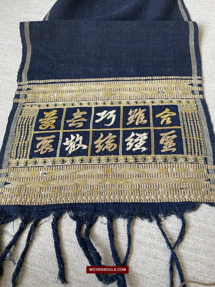 1490 Old Chinese Hainan Meifu Li Ethnic Minority Head wrap turban w Inscription-WOVENSOULS-Antique-Vintage-Textiles-Art-Decor