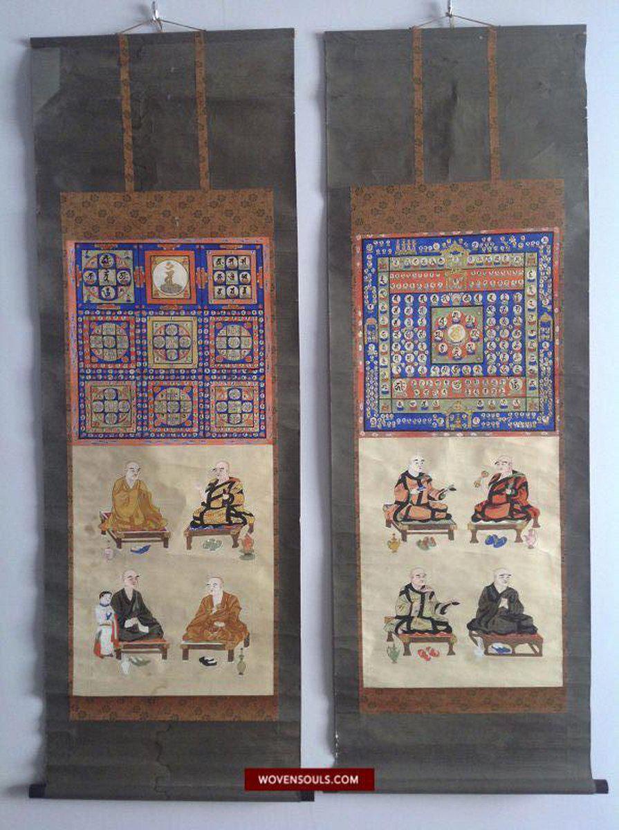 1493 Antique Japanese Buddhist Pure Land Painting Scroll - Pair-WOVENSOULS-Antique-Vintage-Textiles-Art-Decor