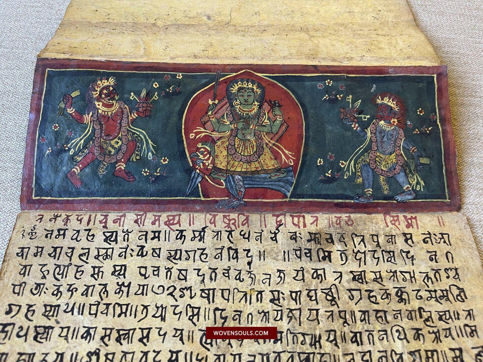 1499 An Important Ancient Nepal Hindu Manuscript Scroll with Paintings devoted to Devi Puja-WOVENSOULS-Antique-Vintage-Textiles-Art-Decor