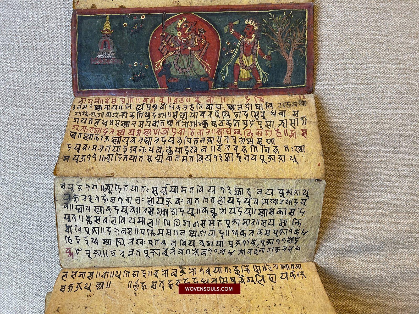 1499 An Important Ancient Nepal Hindu Manuscript Scroll with Paintings devoted to Devi Puja-WOVENSOULS-Antique-Vintage-Textiles-Art-Decor