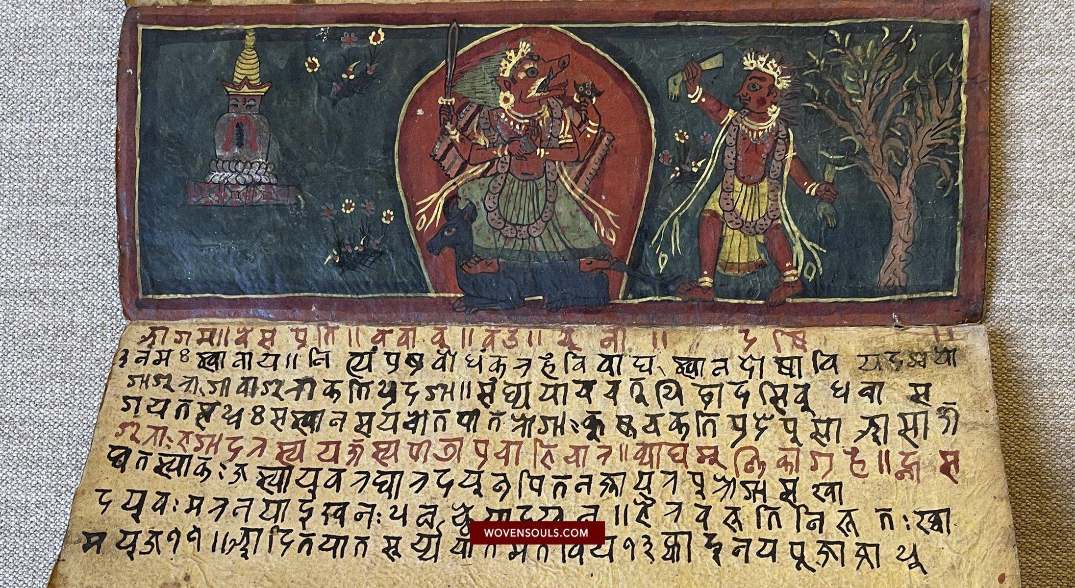 1499 An Important Ancient Nepal Hindu Manuscript Scroll with Paintings devoted to Devi Puja-WOVENSOULS-Antique-Vintage-Textiles-Art-Decor