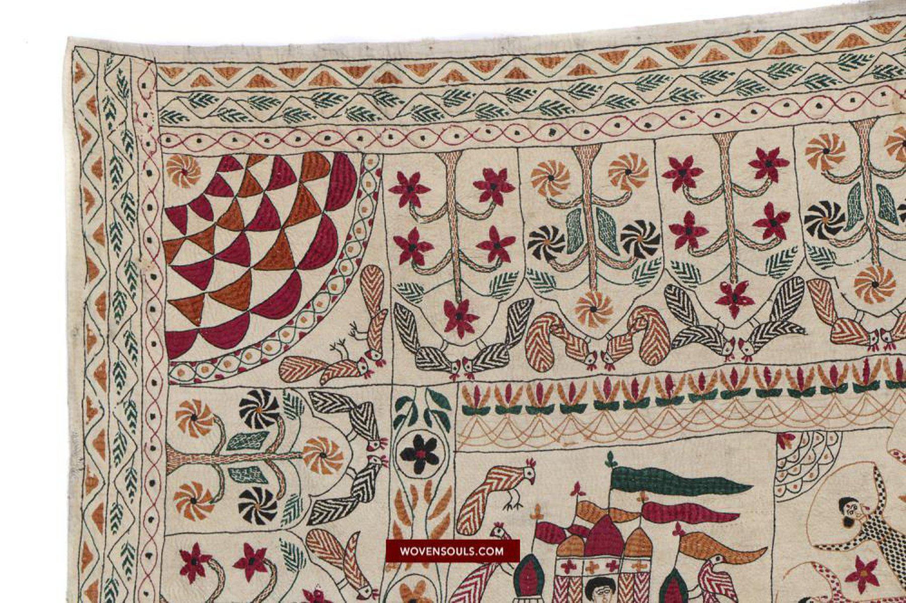 1501 Old Figurative Nakshi Kantha Embroidery-WOVENSOULS-Antique-Vintage-Textiles-Art-Decor