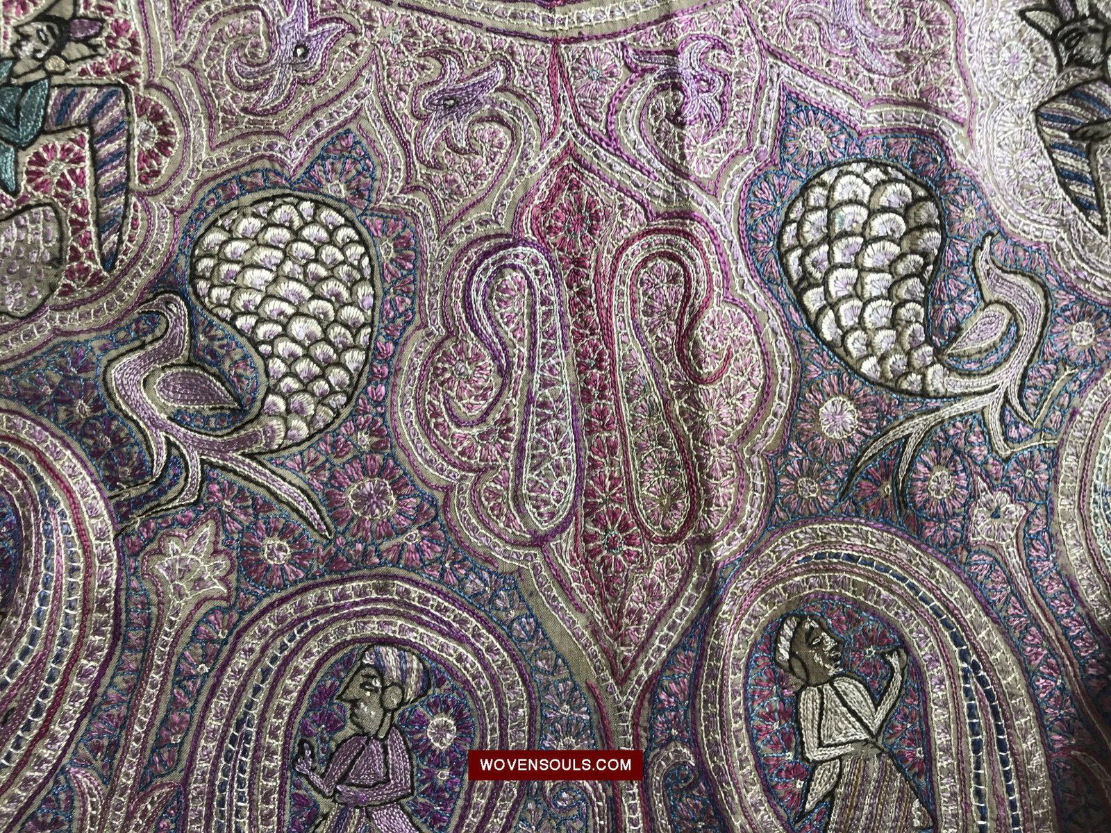 1515 Old Figurative Kashmir Silk Embroidered Amli Shawl-WOVENSOULS-Antique-Vintage-Textiles-Art-Decor