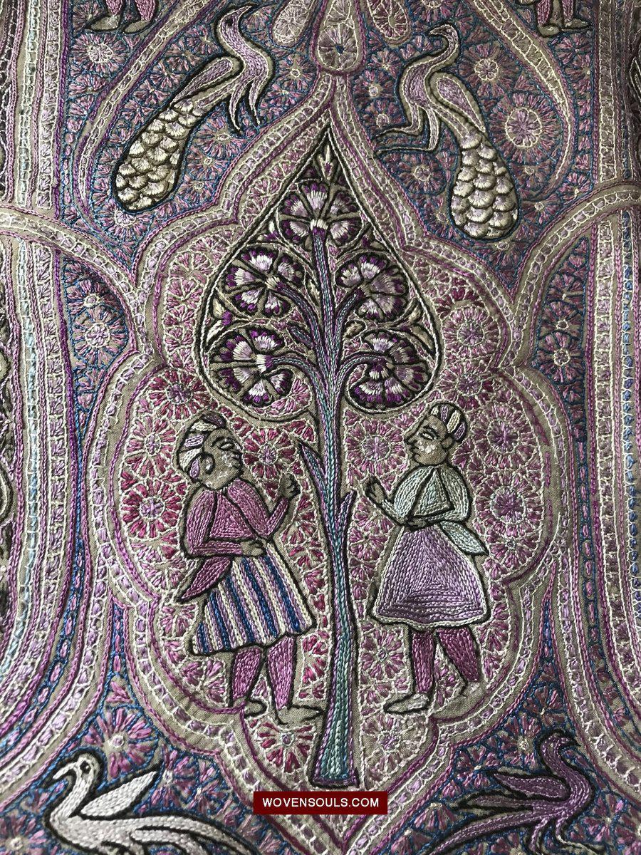 1515 Old Figurative Kashmir Silk Embroidered Amli Shawl-WOVENSOULS-Antique-Vintage-Textiles-Art-Decor