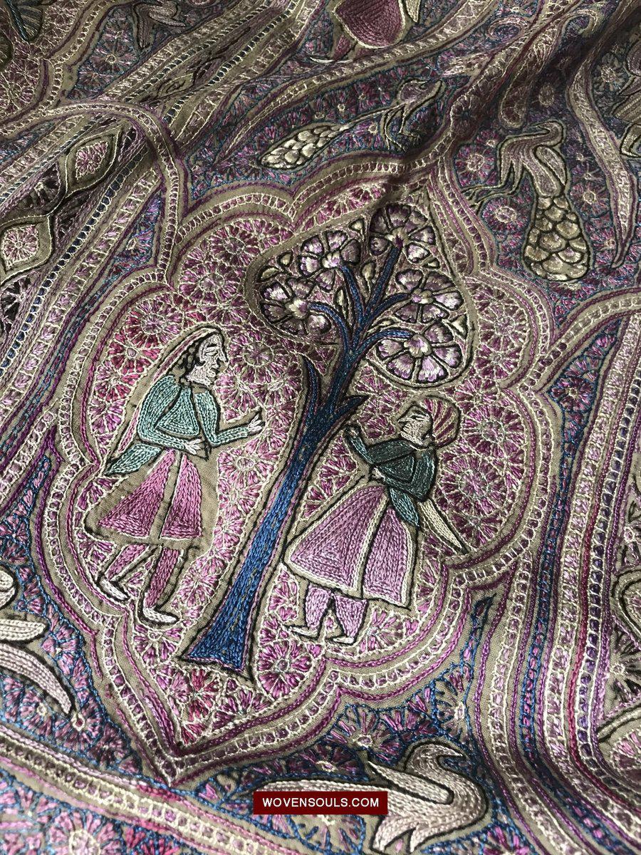 1515 Old Figurative Kashmir Silk Embroidered Amli Shawl-WOVENSOULS-Antique-Vintage-Textiles-Art-Decor