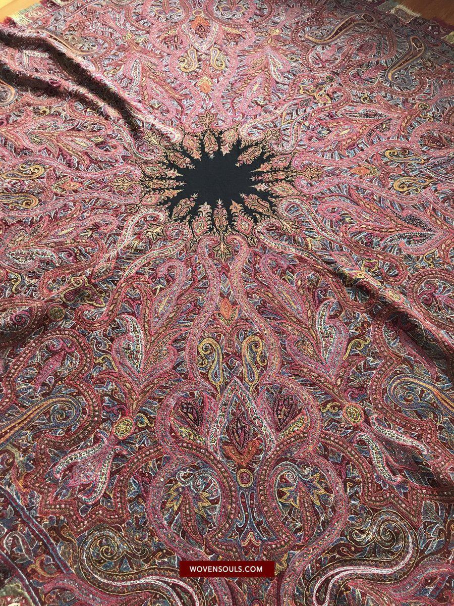 1525 Superb Antique Persian Kerman Embroidered Wool Shawl-WOVENSOULS-Antique-Vintage-Textiles-Art-Decor