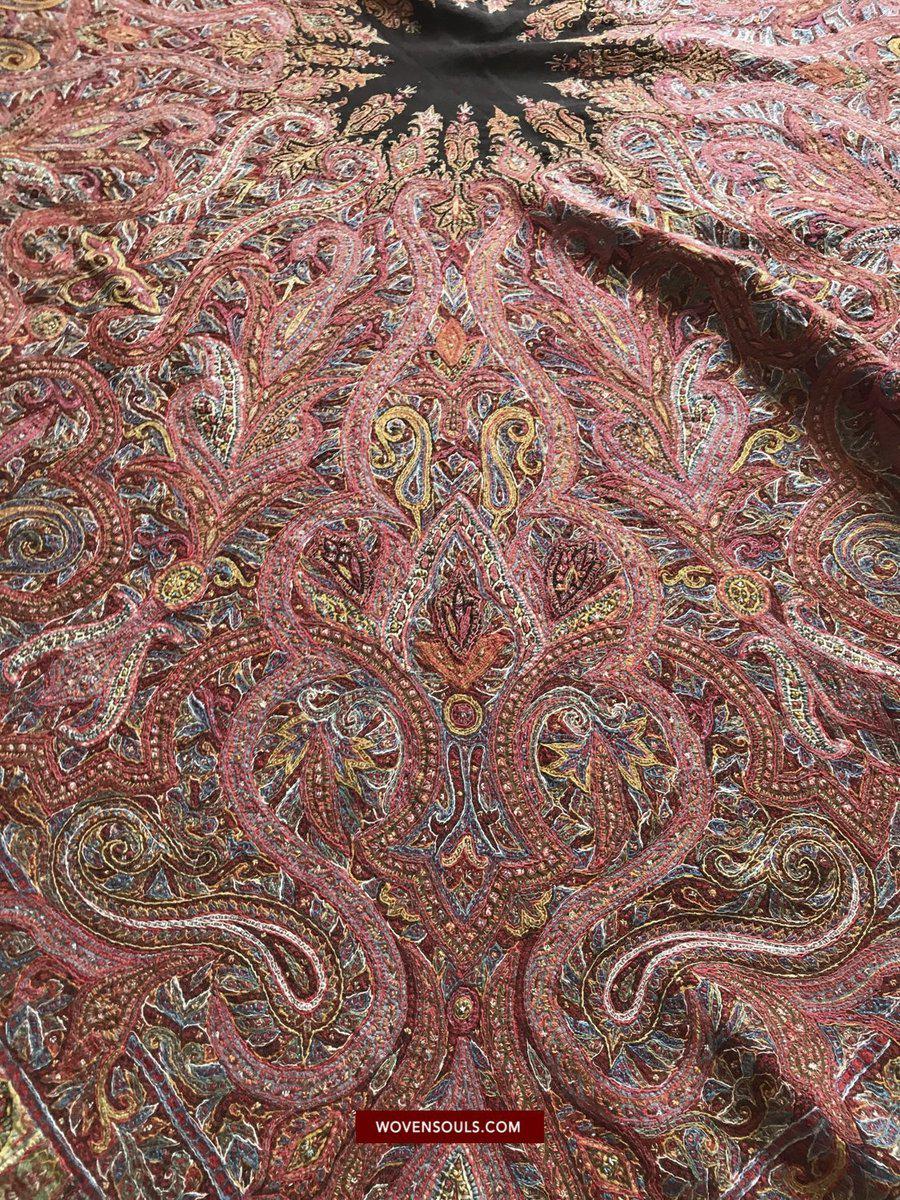 1525 Superb Antique Persian Kerman Embroidered Wool Shawl-WOVENSOULS-Antique-Vintage-Textiles-Art-Decor