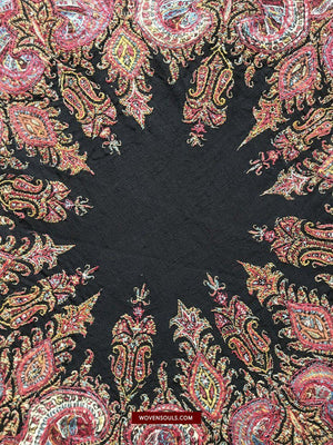 1525 Superb Antique Persian Kerman Embroidered Wool Shawl-WOVENSOULS-Antique-Vintage-Textiles-Art-Decor