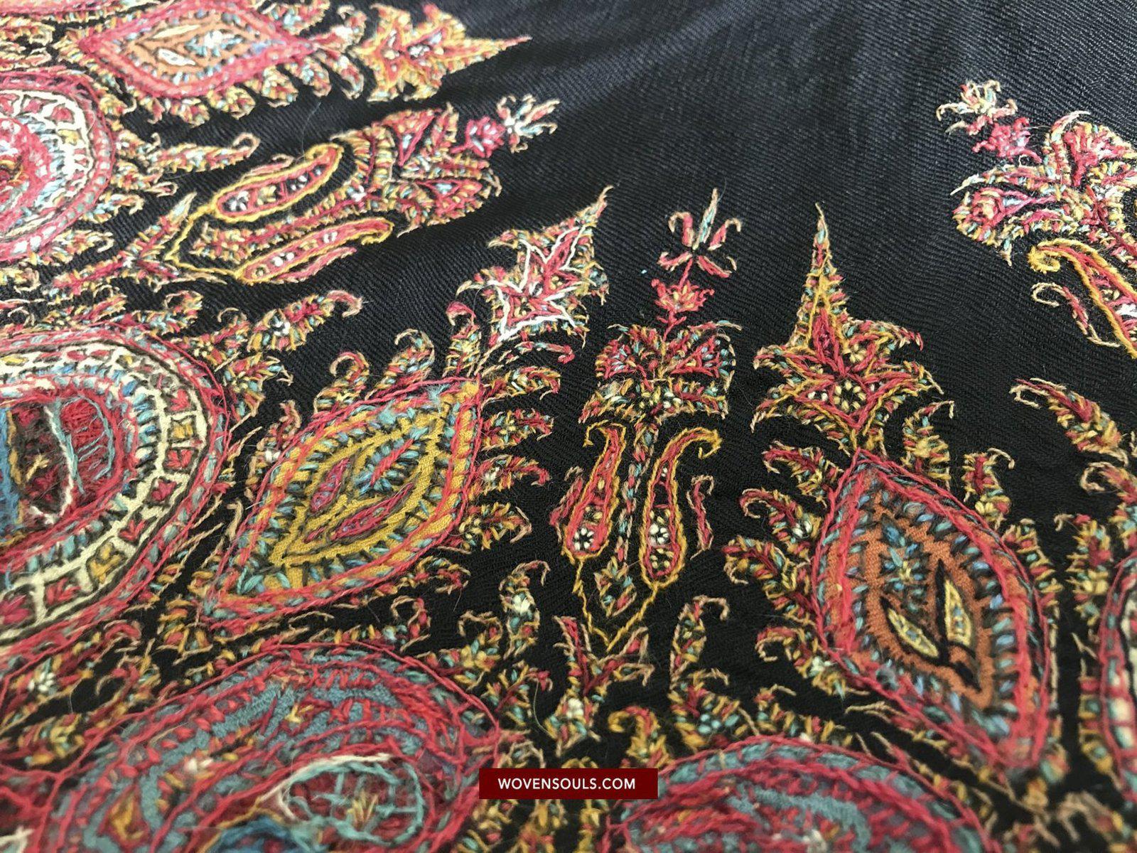 1525 Superb Antique Persian Kerman Embroidered Wool Shawl-WOVENSOULS-Antique-Vintage-Textiles-Art-Decor