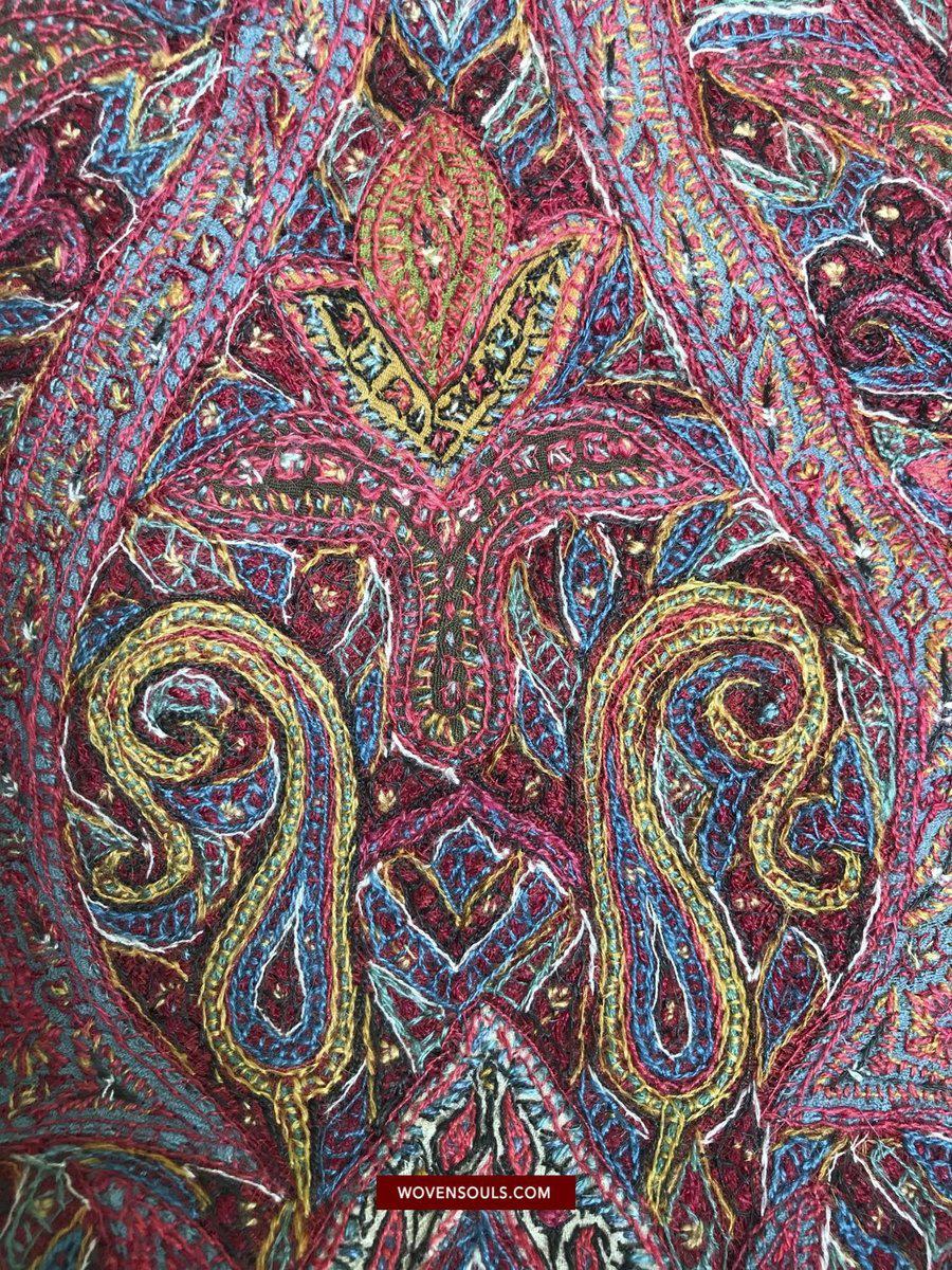 1525 Superb Antique Persian Kerman Embroidered Wool Shawl-WOVENSOULS-Antique-Vintage-Textiles-Art-Decor