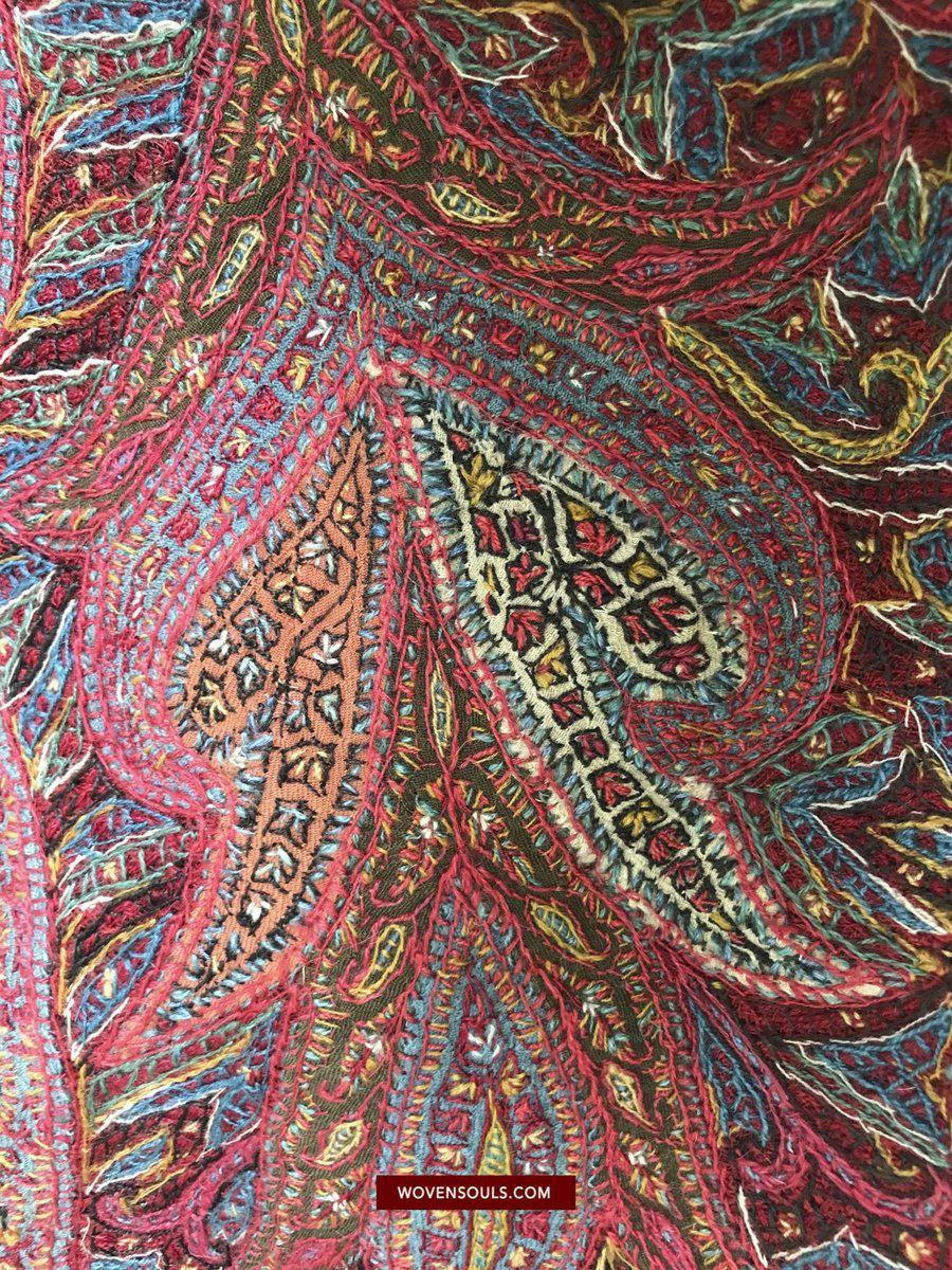 1525 Superb Antique Persian Kerman Embroidered Wool Shawl-WOVENSOULS-Antique-Vintage-Textiles-Art-Decor