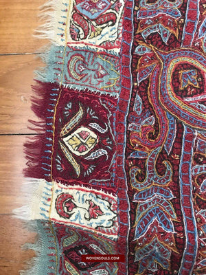 1525 Superb Antique Persian Kerman Embroidered Wool Shawl-WOVENSOULS-Antique-Vintage-Textiles-Art-Decor