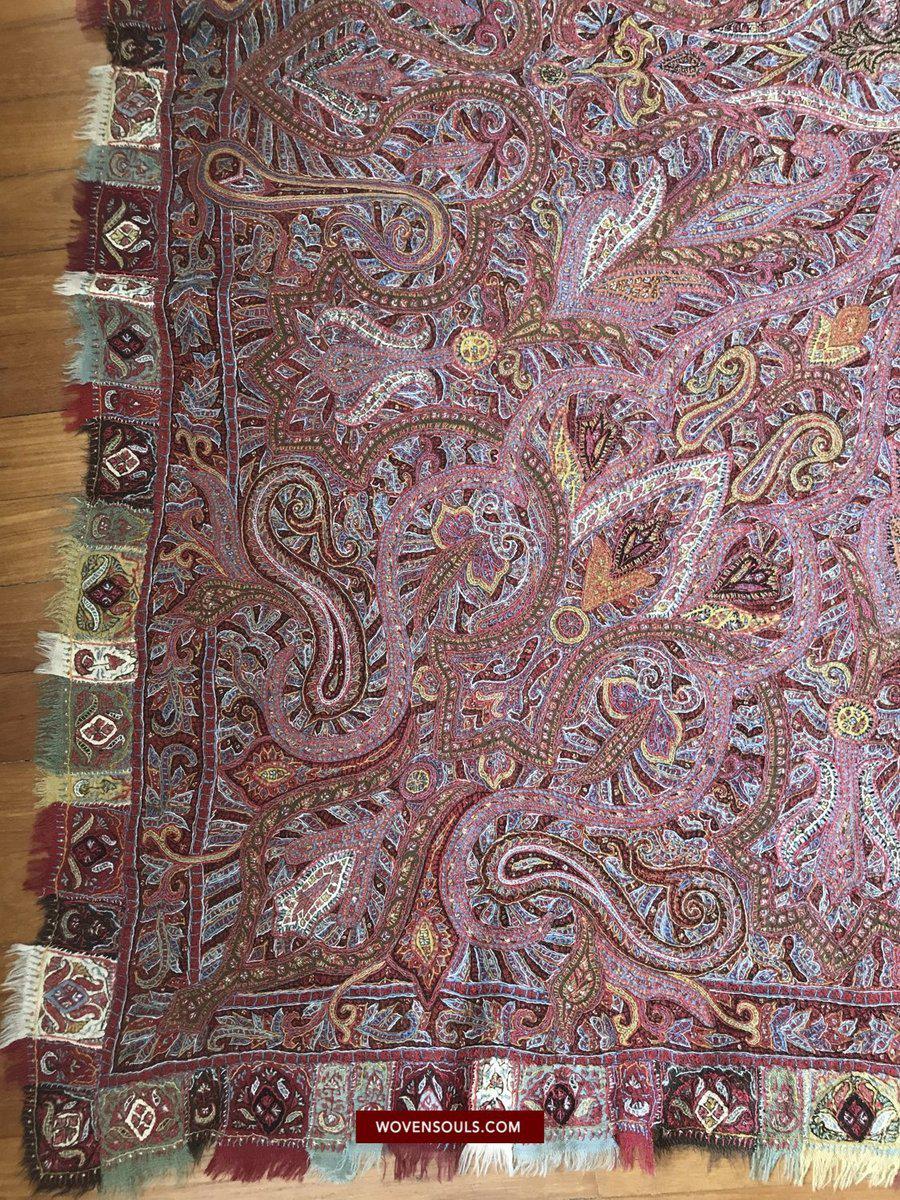 1525 Superb Antique Persian Kerman Embroidered Wool Shawl-WOVENSOULS-Antique-Vintage-Textiles-Art-Decor