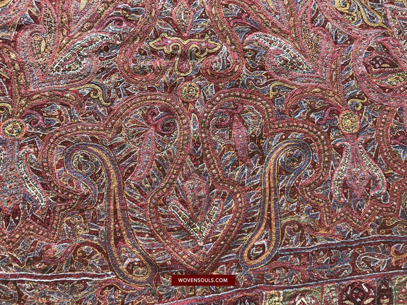 1525 Superb Antique Persian Kerman Embroidered Wool Shawl-WOVENSOULS-Antique-Vintage-Textiles-Art-Decor