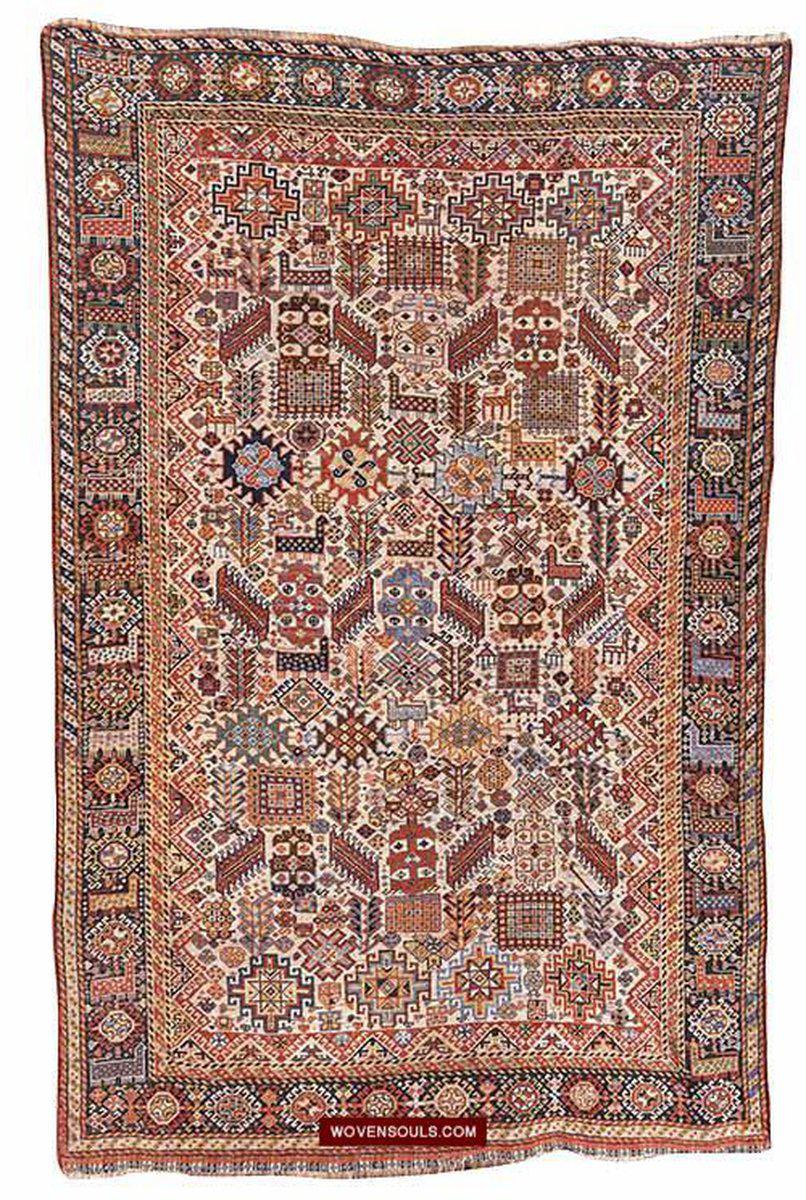 1540 Antique White Field Shekarlou Shekarlu Qashqai Rug with Animals in the Border - NFS-WOVENSOULS-Antique-Vintage-Textiles-Art-Decor