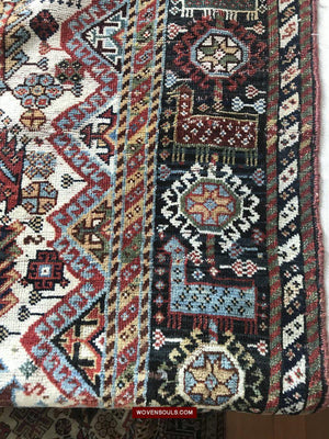 1540 Antique White Field Shekarlou Shekarlu Qashqai Rug with Animals in the Border - NFS-WOVENSOULS-Antique-Vintage-Textiles-Art-Decor