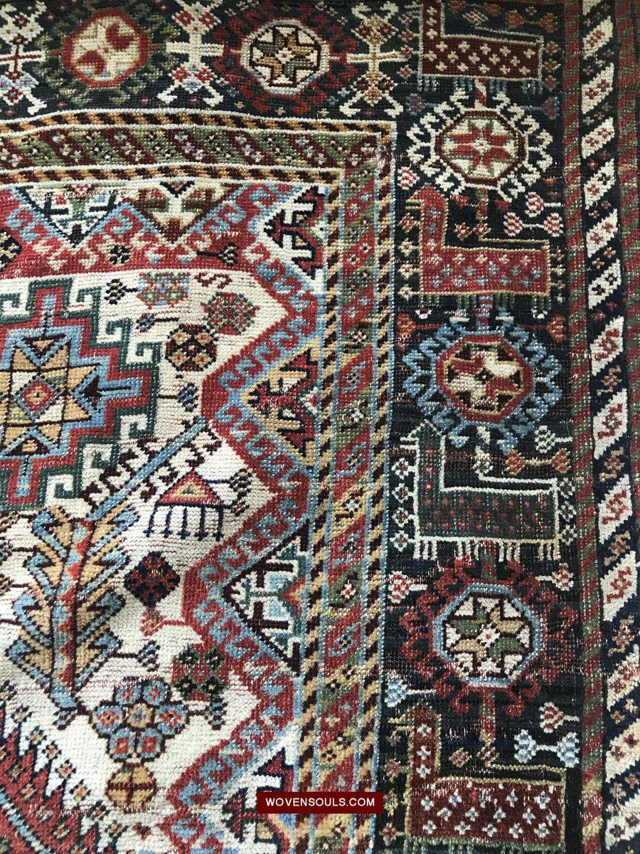 1540 Antique White Field Shekarlou Shekarlu Qashqai Rug with Animals in the Border - NFS-WOVENSOULS-Antique-Vintage-Textiles-Art-Decor