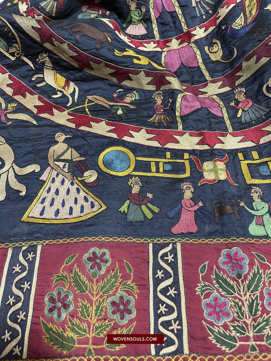 1541 Old Jain Pichvai Silk Mochi Embroidery Art - Lord Mahavir-WOVENSOULS-Antique-Vintage-Textiles-Art-Decor