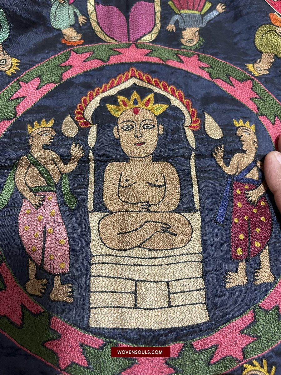 1541 Old Jain Pichvai Silk Mochi Embroidery Art - Lord Mahavir-WOVENSOULS-Antique-Vintage-Textiles-Art-Decor