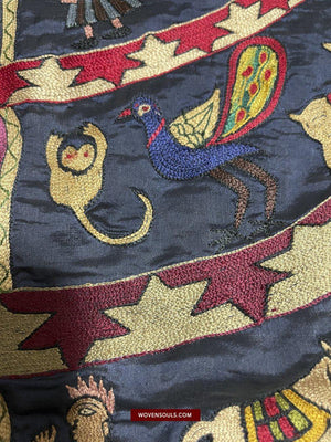 1541 Old Jain Pichvai Silk Mochi Embroidery Art - Lord Mahavir-WOVENSOULS-Antique-Vintage-Textiles-Art-Decor