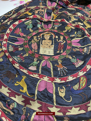 1541 Old Jain Pichvai Silk Mochi Embroidery Art - Lord Mahavir-WOVENSOULS-Antique-Vintage-Textiles-Art-Decor
