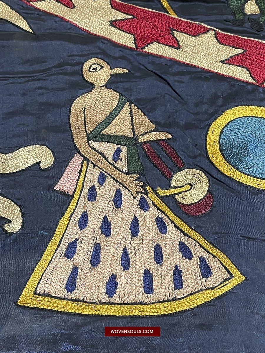 1541 Old Jain Pichvai Silk Mochi Embroidery Art - Lord Mahavir-WOVENSOULS-Antique-Vintage-Textiles-Art-Decor