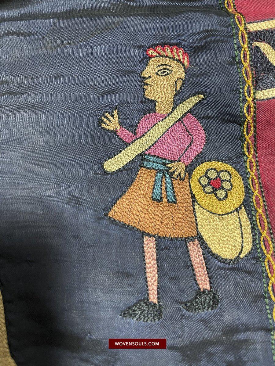 1541 Old Jain Pichvai Silk Mochi Embroidery Art - Lord Mahavir-WOVENSOULS-Antique-Vintage-Textiles-Art-Decor