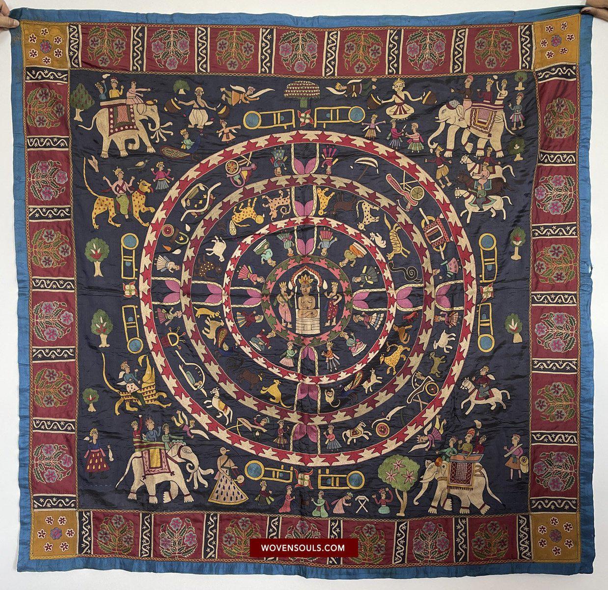 1541 Old Jain Pichvai Silk Mochi Embroidery Art - Lord Mahavir-WOVENSOULS-Antique-Vintage-Textiles-Art-Decor