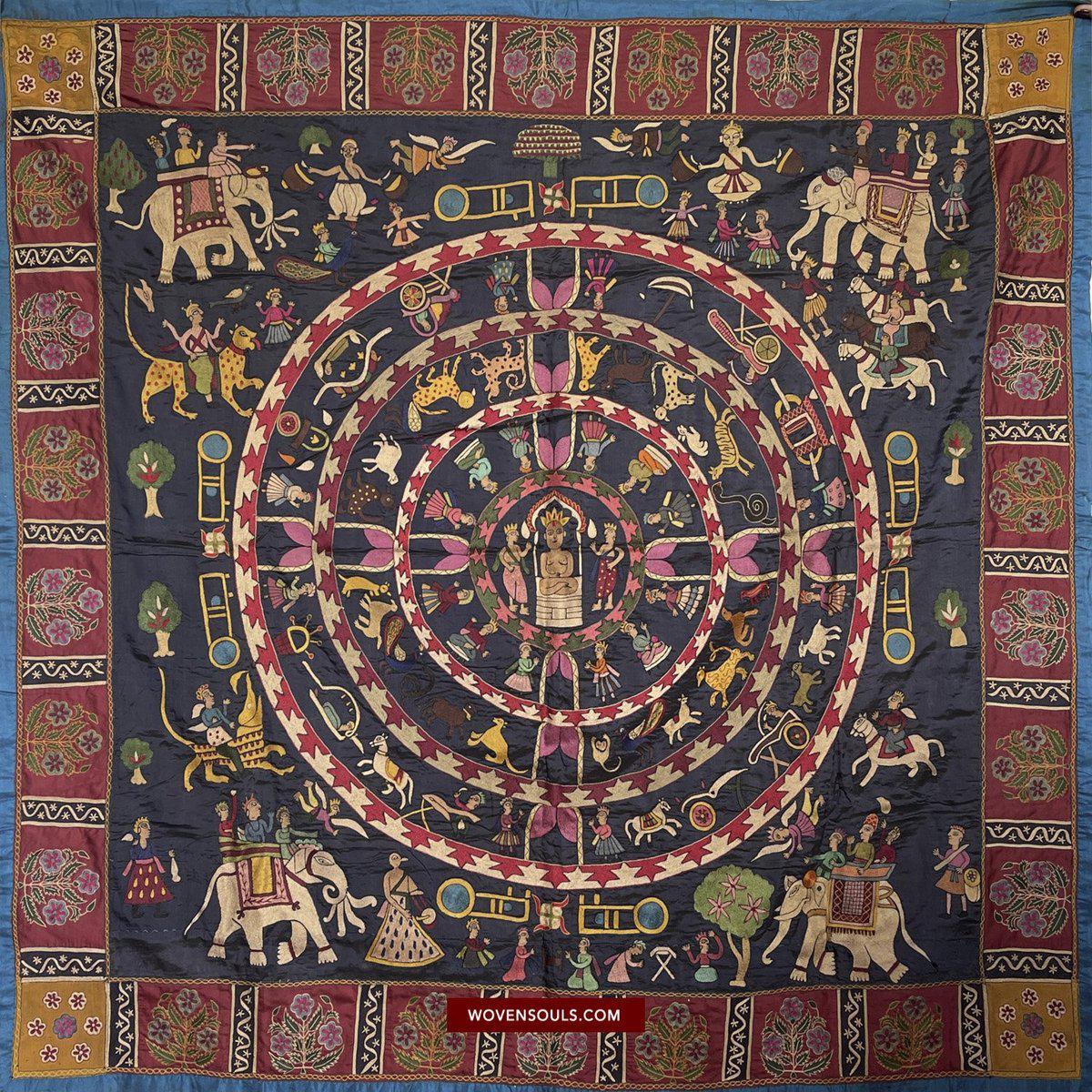 1541 Old Jain Pichvai Silk Mochi Embroidery Art - Lord Mahavir-WOVENSOULS-Antique-Vintage-Textiles-Art-Decor