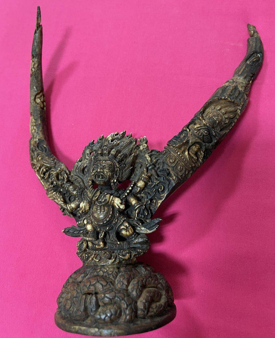 1543 Antique Tantric Ritual Buddhist Six Armed Mahakala Himalayan Art-WOVENSOULS-Antique-Vintage-Textiles-Art-Decor