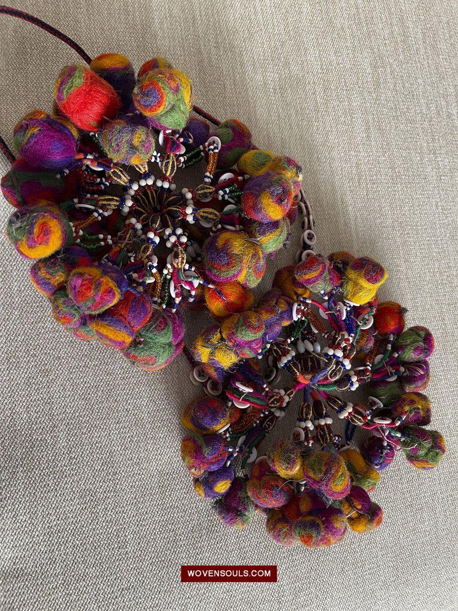 1556 Gorgeous Vintage Beaded Camel Wool Tassels-WOVENSOULS-Antique-Vintage-Textiles-Art-Decor