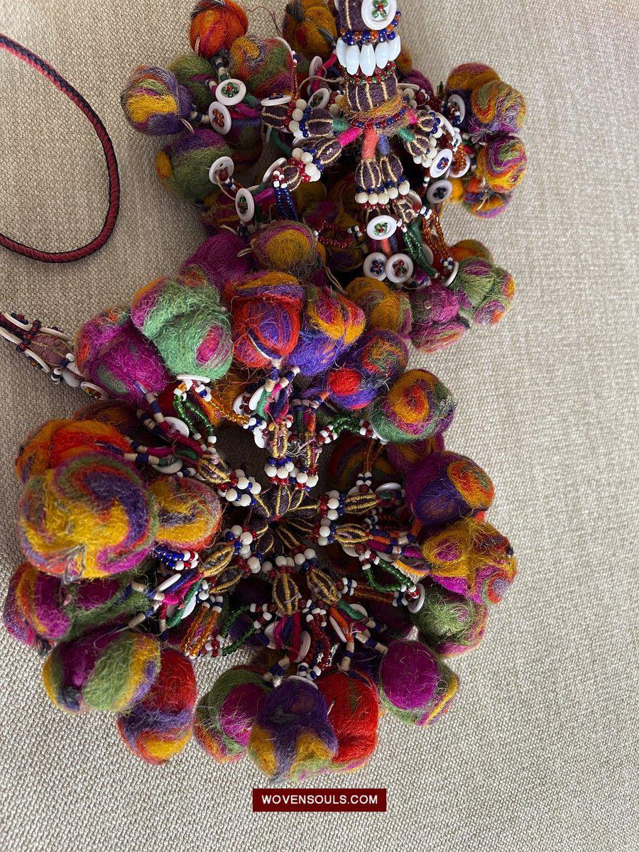 1556 Gorgeous Vintage Beaded Camel Wool Tassels-WOVENSOULS-Antique-Vintage-Textiles-Art-Decor