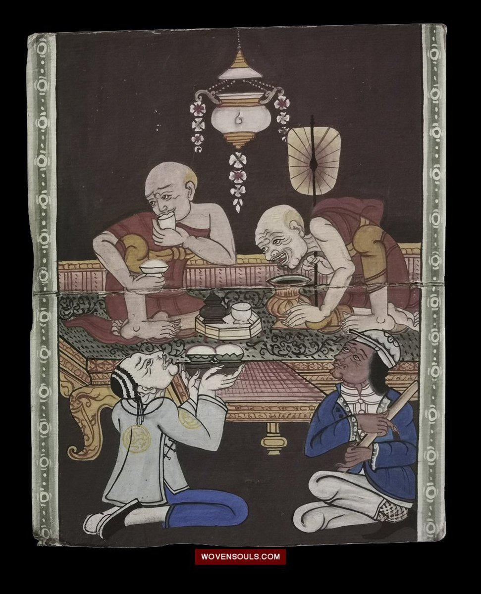 1566 LOT of 3 Paintings with Important Monk Scenes from Antique Phra Malai Manuscripts-WOVENSOULS-Antique-Vintage-Textiles-Art-Decor