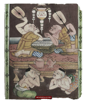 1566 LOT of 3 Paintings with Important Monk Scenes from Antique Phra Malai Manuscripts-WOVENSOULS-Antique-Vintage-Textiles-Art-Decor