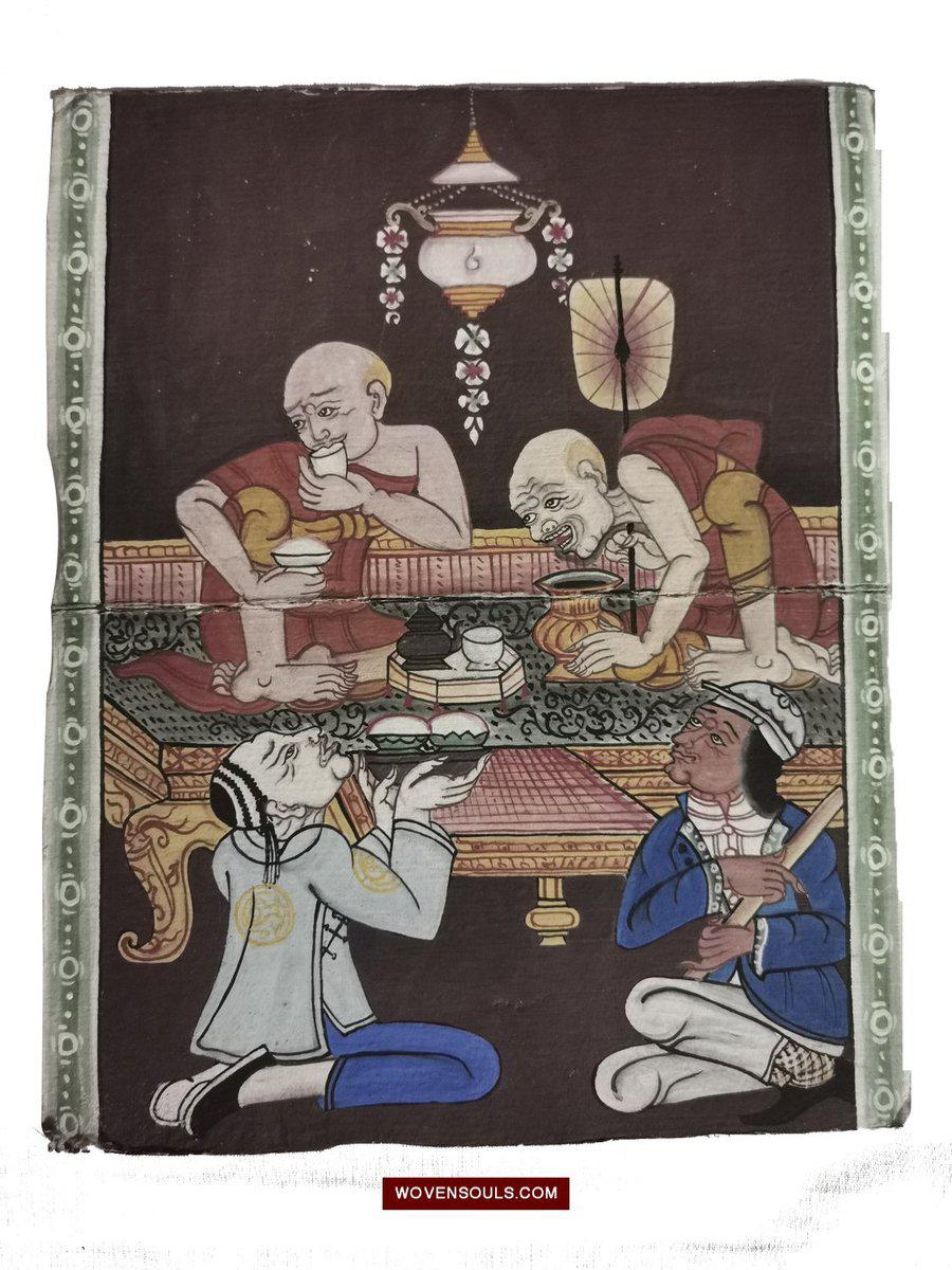 1566 LOT of 3 Paintings with Important Monk Scenes from Antique Phra Malai Manuscripts-WOVENSOULS-Antique-Vintage-Textiles-Art-Decor