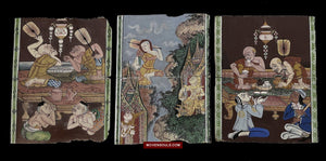 1566 LOT of 3 Paintings with Important Monk Scenes from Antique Phra Malai Manuscripts-WOVENSOULS-Antique-Vintage-Textiles-Art-Decor