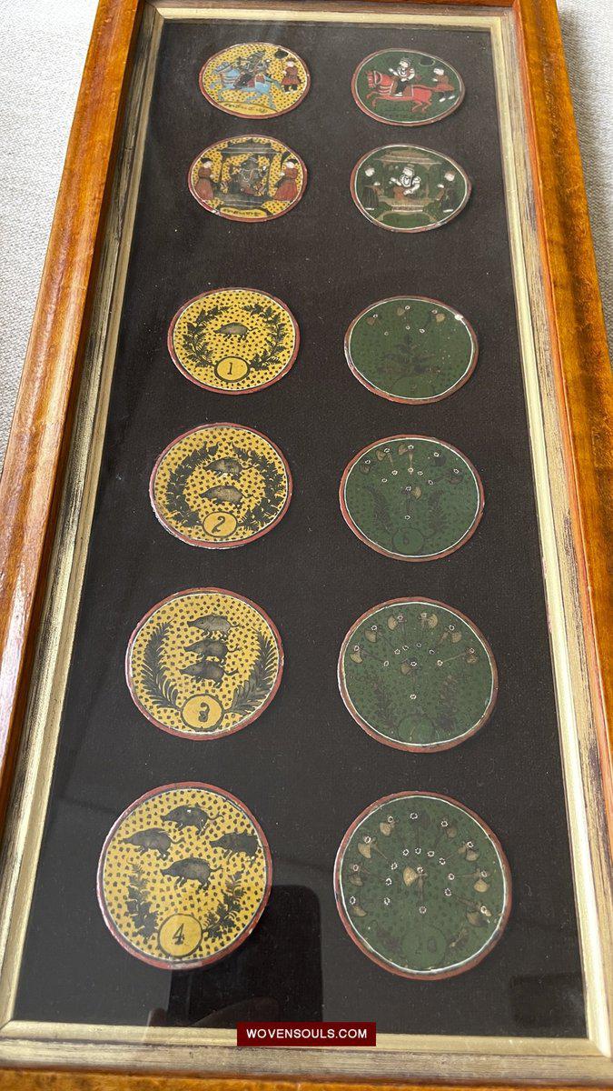 1567 Framed Old Painted Ganjifa Playing Cards - Old Telugu / Gold Illuminated-WOVENSOULS-Antique-Vintage-Textiles-Art-Decor