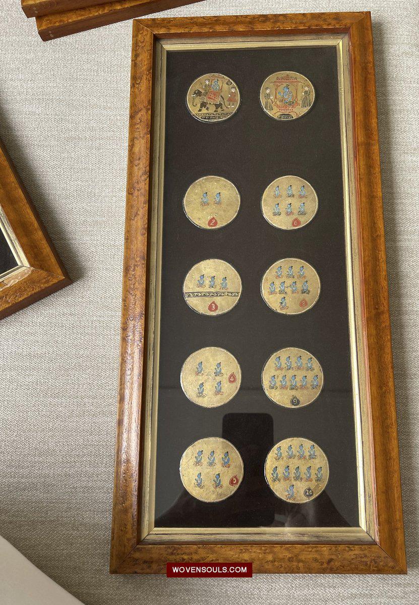 1567 Framed Old Painted Ganjifa Playing Cards - Old Telugu / Gold Illuminated-WOVENSOULS-Antique-Vintage-Textiles-Art-Decor