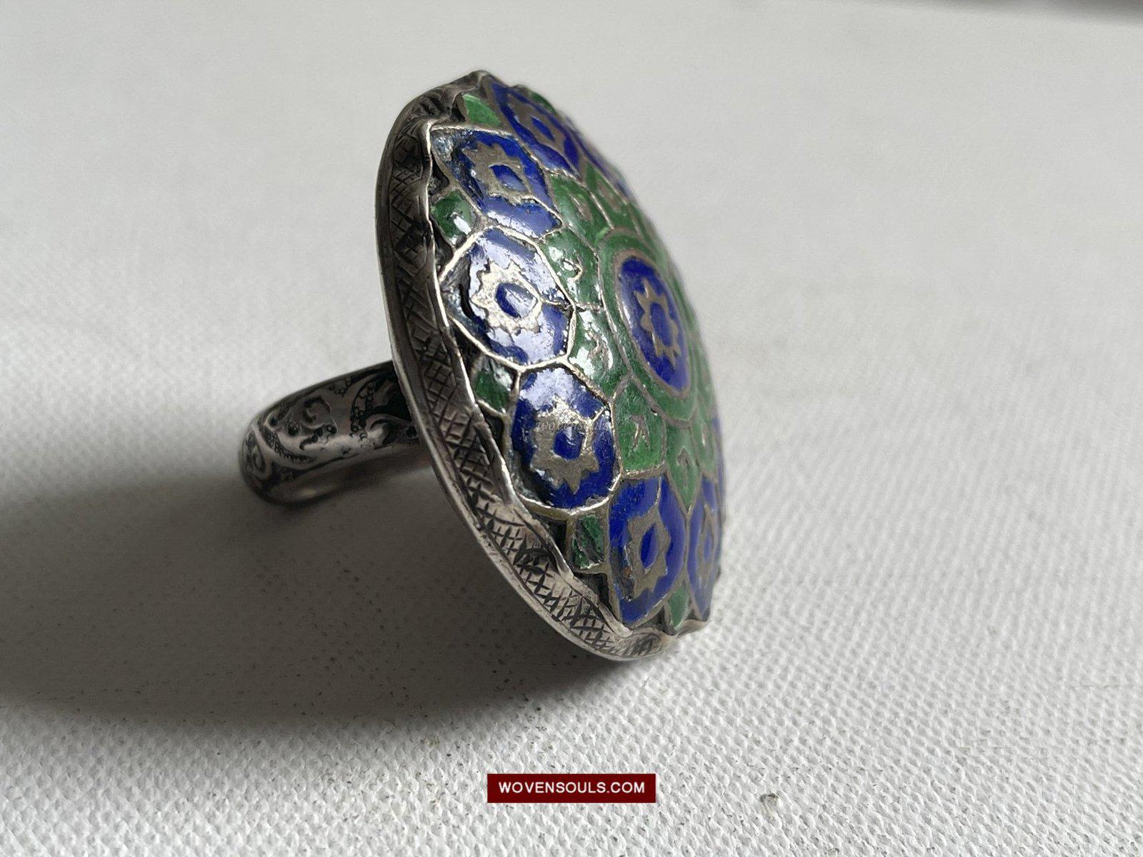 1568 Antique Silver Ring Blue Green Enamel Kohistan-WOVENSOULS-Antique-Vintage-Textiles-Art-Decor